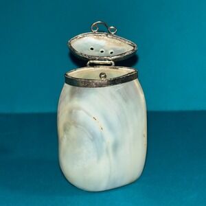 Vintage Mother of Pearl Pepper Shaker Silver Tone Hinged Lid Tableware Decor